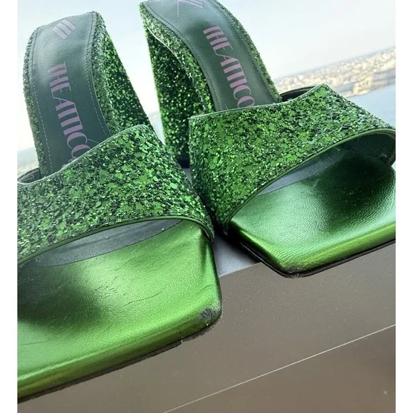 The Attico Size 38 US 8 Luz Green Glitter Sparkle Mule Block Heels EUC $600 - Picture 3 of 10